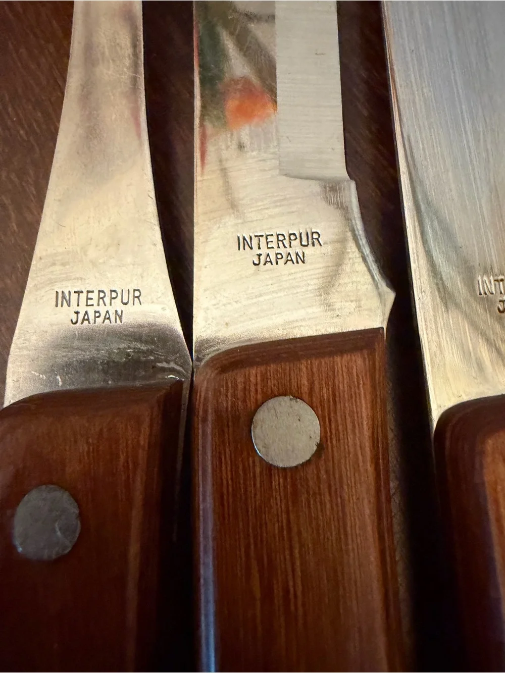 Vintage Interpur Japan Stainless Steel Carving Set 3 Knives 1 Fork Wood Handle
